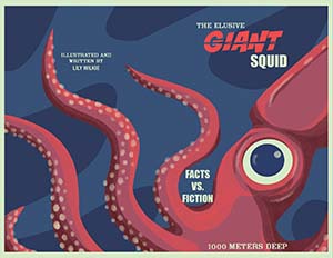 Cover of a brochure about giant squids. It has an illustration of a giant squid on the front, wrapping around to the back.