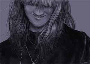 Greyscale digital illustration of a woman, with long hair obscuring part of her face.