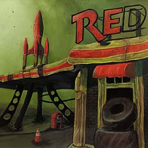 Acrylic painting of Red Rocket Truck Stop from Fallout 4, the sky creates a green haze, isolating the red and brown building.