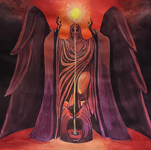 Acrylic painting of Meridia's Statue from Skyrim in a pallete of purple, orange, and red. Her beacon becomes the sun.